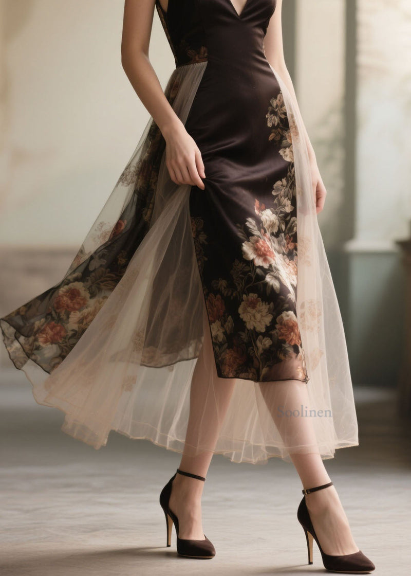 French V Neck Print Patchwork Silk Spaghetti Strap Dress Summer