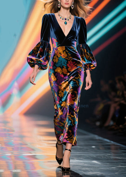 French V Neck Print Patchwork Velvet Long Dress Lantern Sleeve