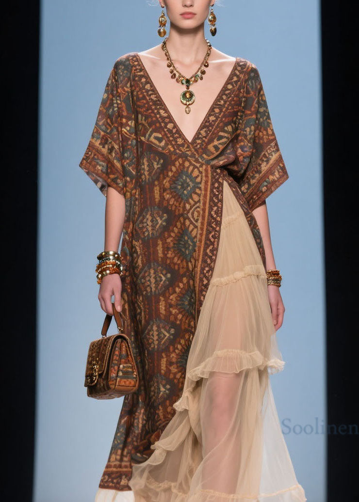 French V Neck Print Ruffled Patchwork Cotton Dress Summer