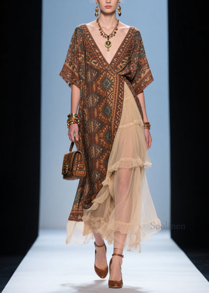French V Neck Print Ruffled Patchwork Cotton Dress Summer