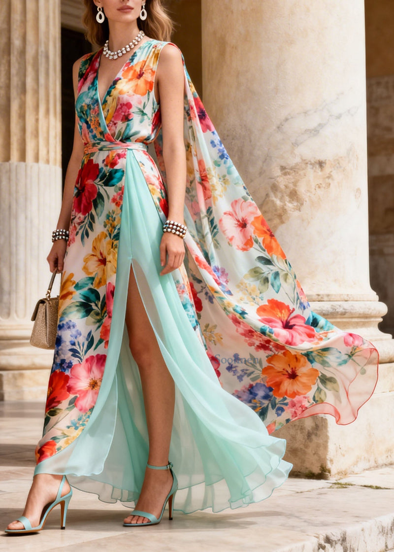French V Neck Print Side Open Patchwork Chiffon Dresses Summer