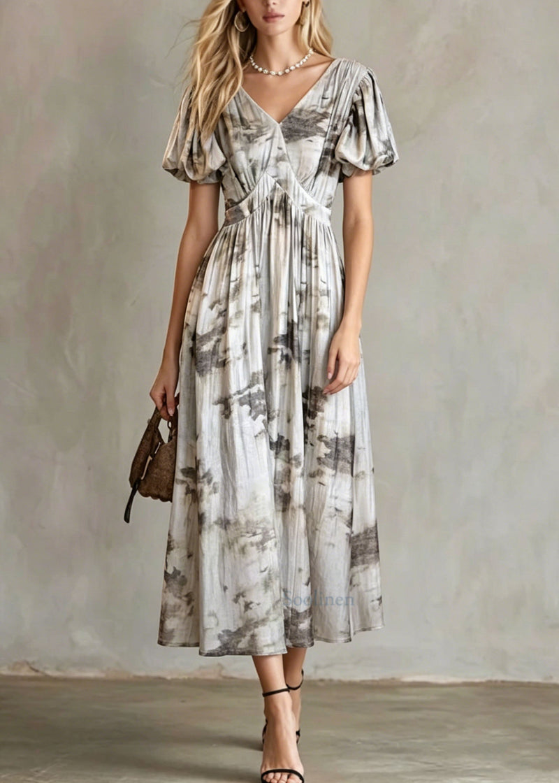 French V Neck Puff Sleeve Print Wrinkled Cotton Long Dress