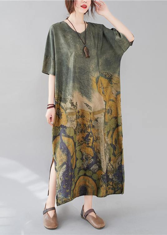 French V Neck Side Open Spring Tunic Dress Peacock Print Kaftan Dress