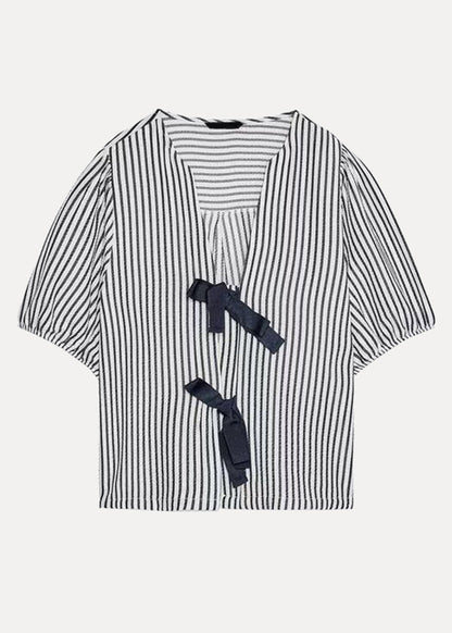 French V Neck Striped Bow Cotton Shirt Summer