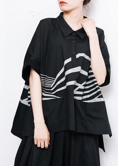 French Irregular Cotton Crane Tops Stripes High Low Hem T-shirt