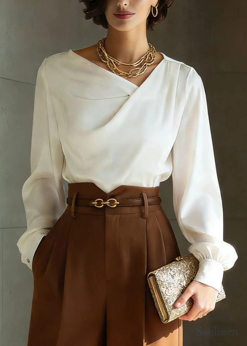 French White Asymmetrical Draping Silk Blouse Top Spring