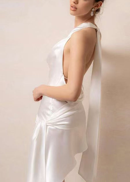 French White Asymmetrical Silk Mini Dresses Summer