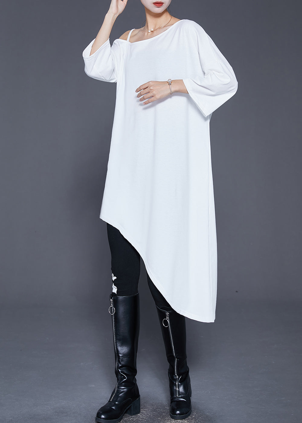 French White Asymmetrical One-shoulder Cotton Maxi Dress Summer