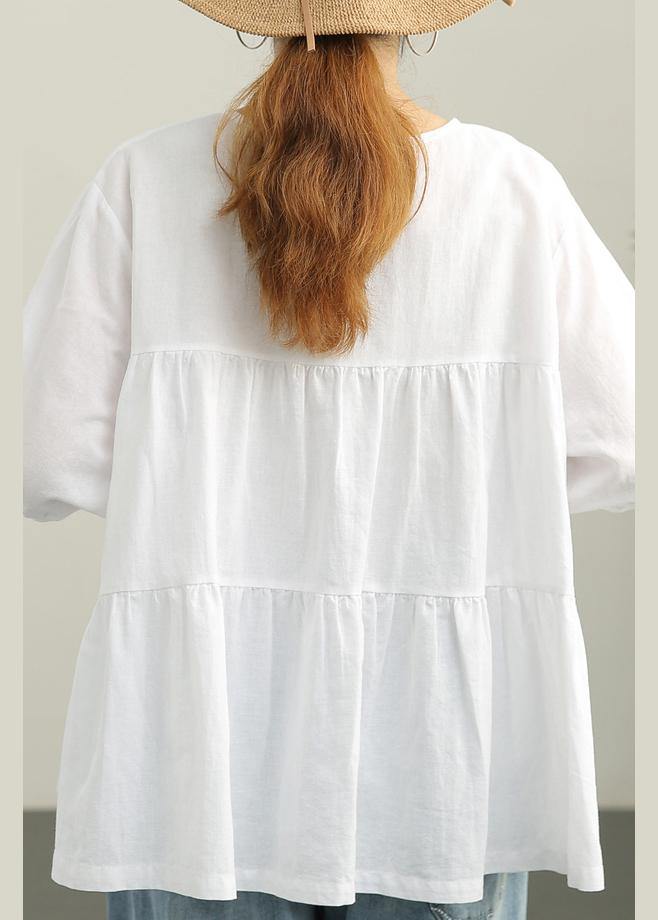 French White Brief Linen Summer Blouse Top