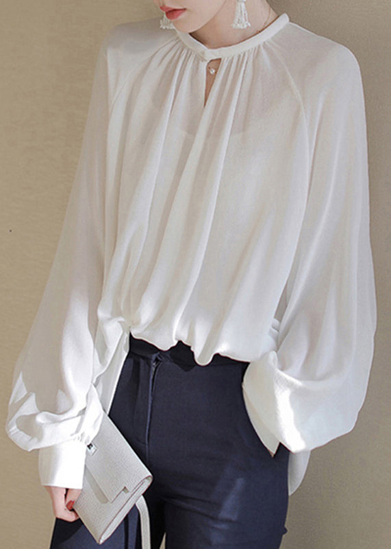 French White Button Chiffon Blouses Fall