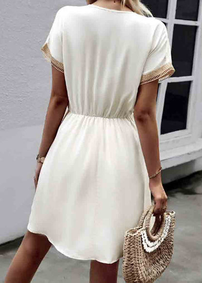 French White Cinched Patchwork Lace Mini Dress Summer