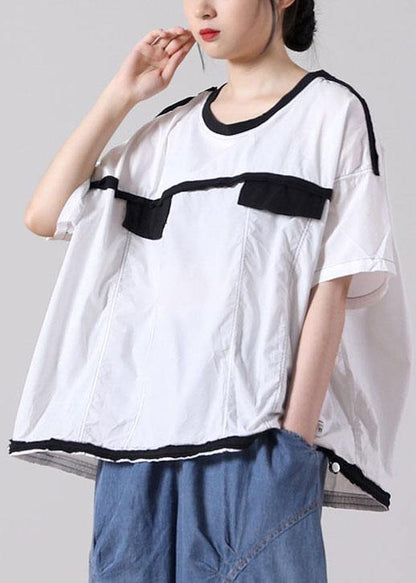 French White Cotton Shirt Tops Summer Short Sleeve