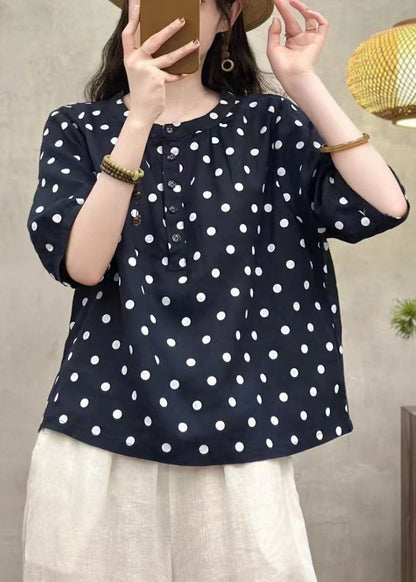 French White Dot O Neck Button Linen Top Summer