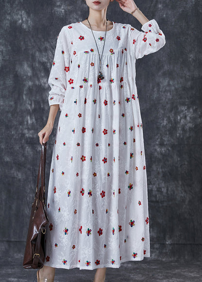 French White Embroidered Cotton Maxi Dress Spring