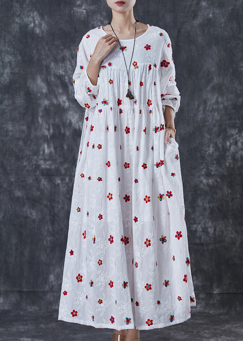 French White Embroidered Cotton Maxi Dress Spring