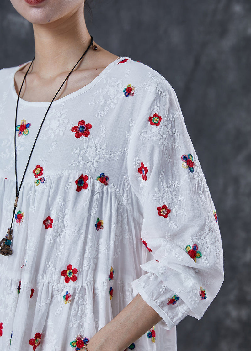 French White Embroidered Cotton Maxi Dress Spring