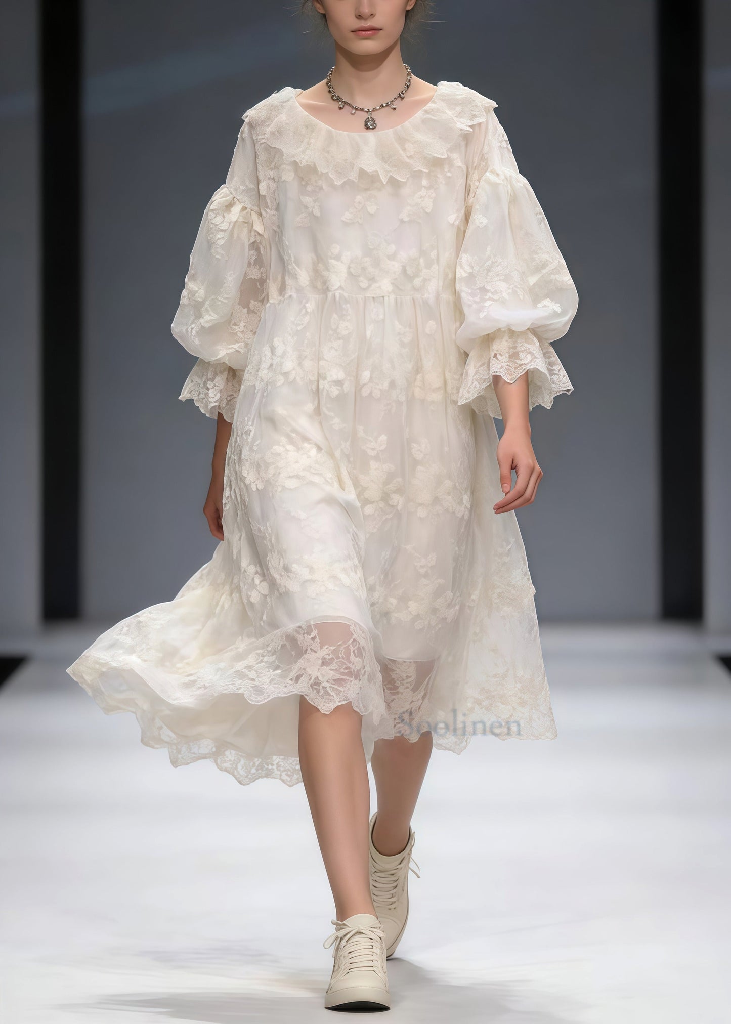 French White Embroidered Oversized Lace Vacation Dresses Spring