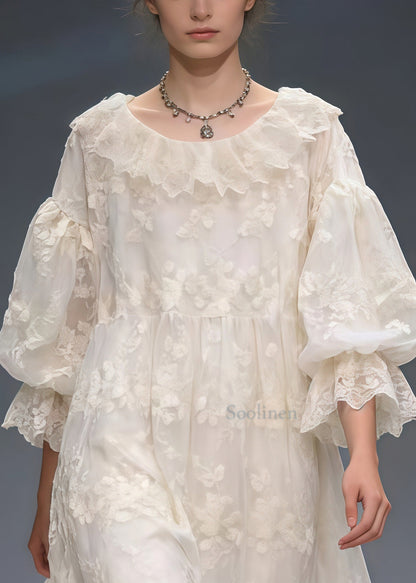 French White Embroidered Oversized Lace Vacation Dresses Spring