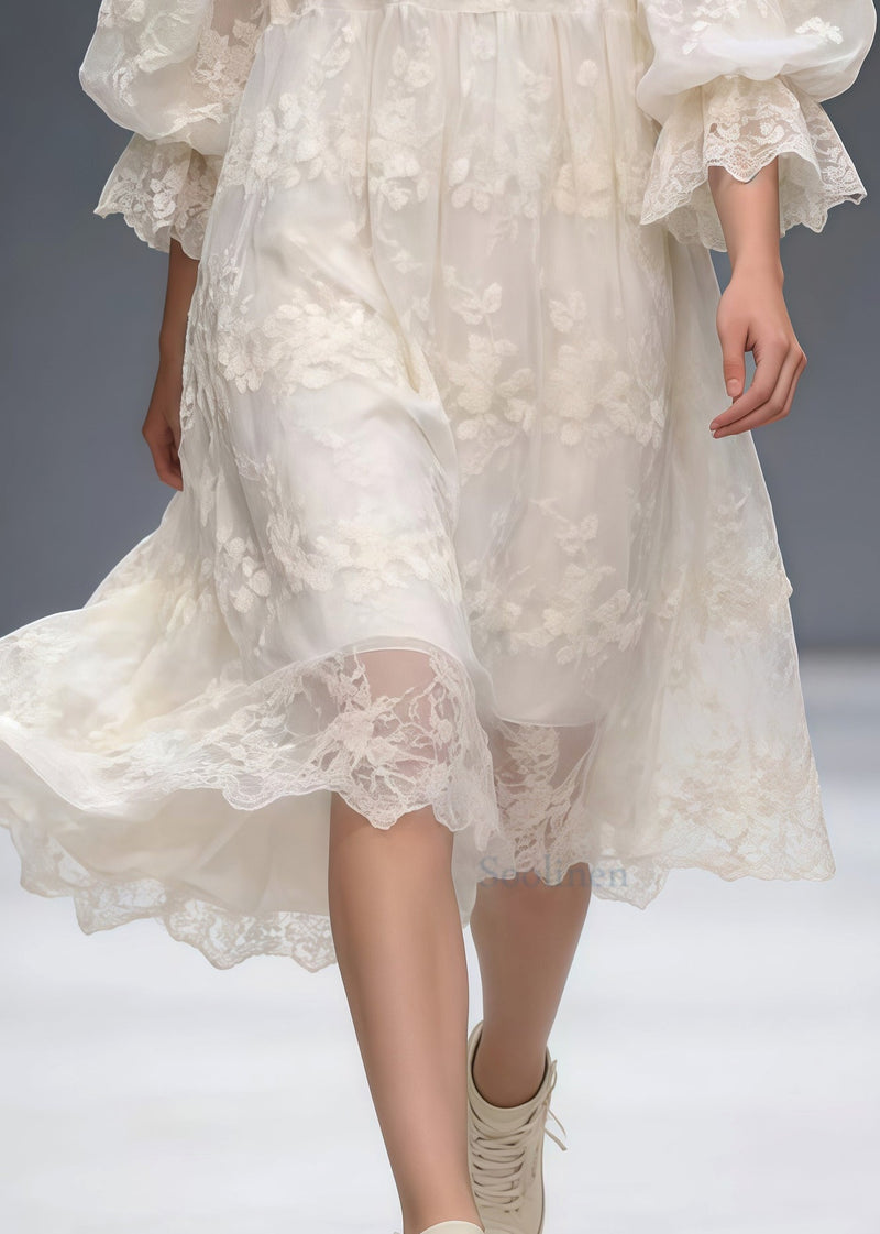 French White Embroidered Oversized Lace Vacation Dresses Spring