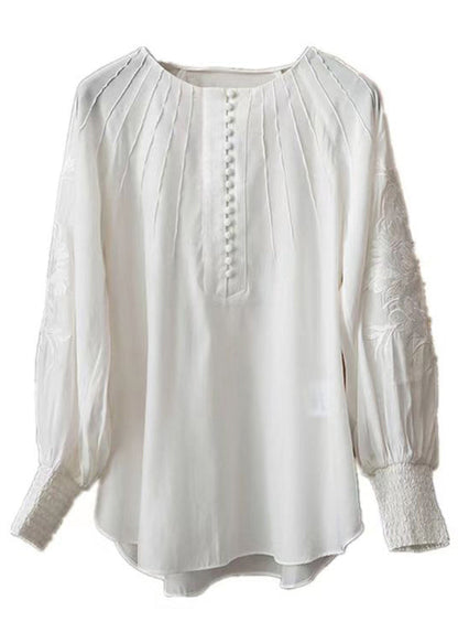French White Embroidered Button Cotton Shirts Lantern Sleeve