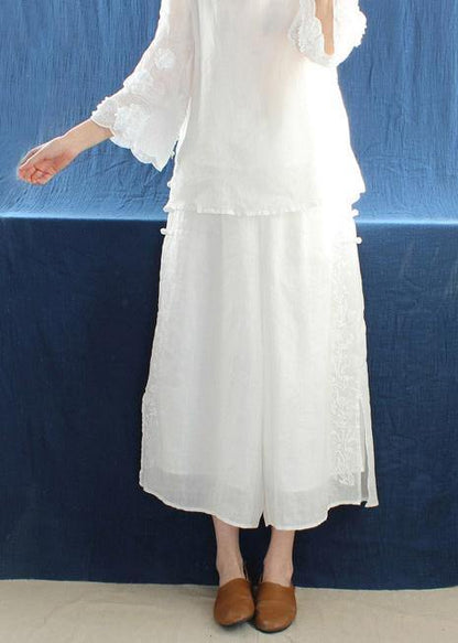 French White Embroidery Pants Summer Elastic Waist Work Pant