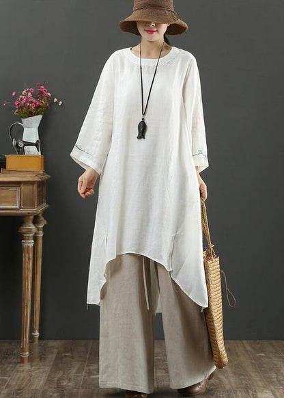 French White Embroidery Quilting Clothes O Neck Low High Design Long Spring Dress
