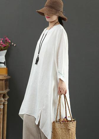 French White Embroidery Quilting Clothes O Neck Low High Design Long Spring Dress