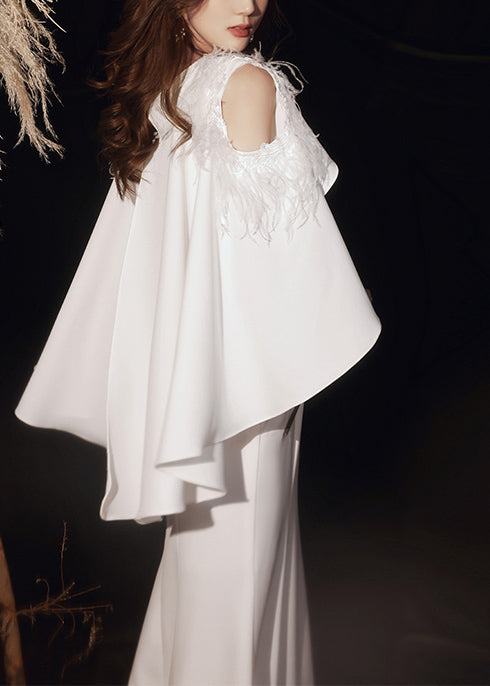 French White Feathered Haute Couture Mermaid Gown Off the Shoulder