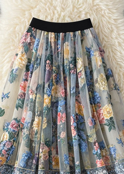 French White Print Tulle Holiday Skirt Summer