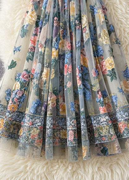 French White Print Tulle Holiday Skirt Summer