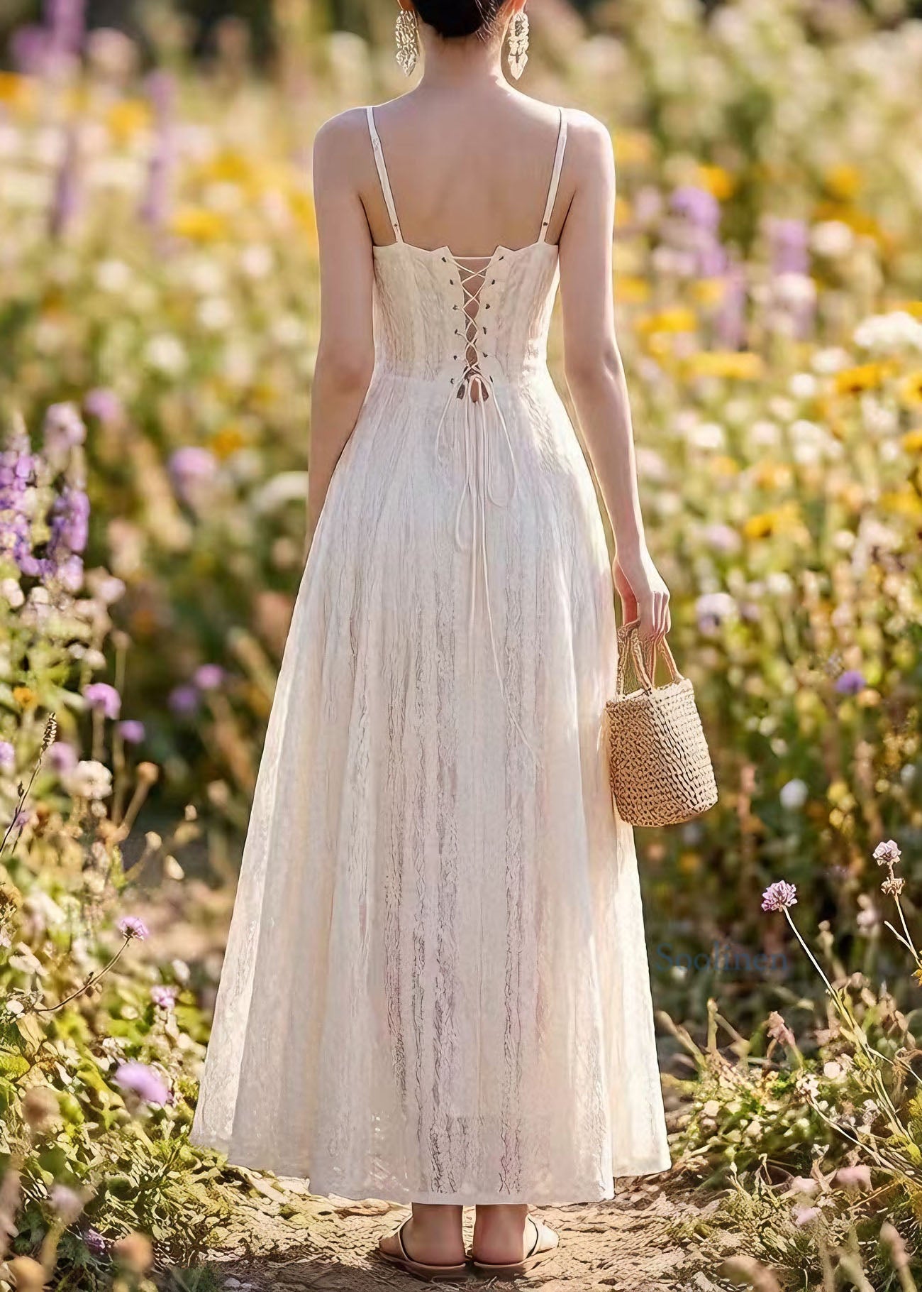 French White Lace Up Spaghetti Strap Summer Dress