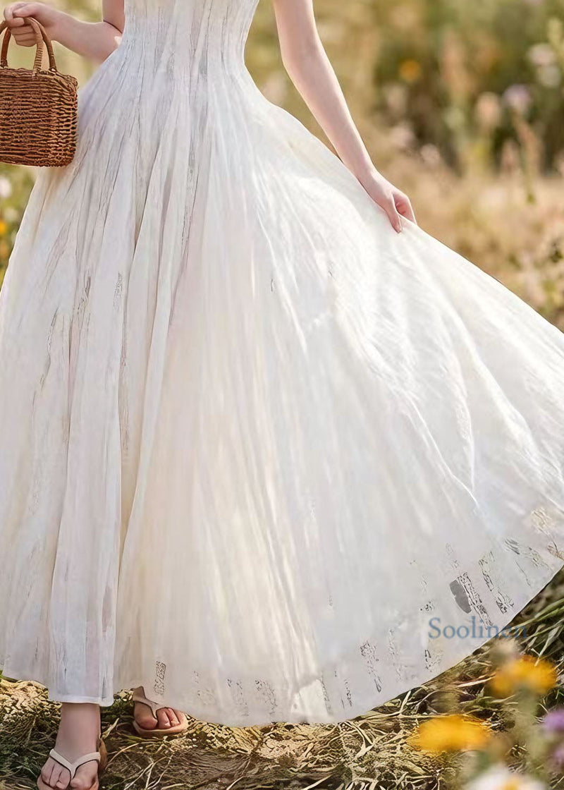 French White Lace Up Spaghetti Strap Summer Dress