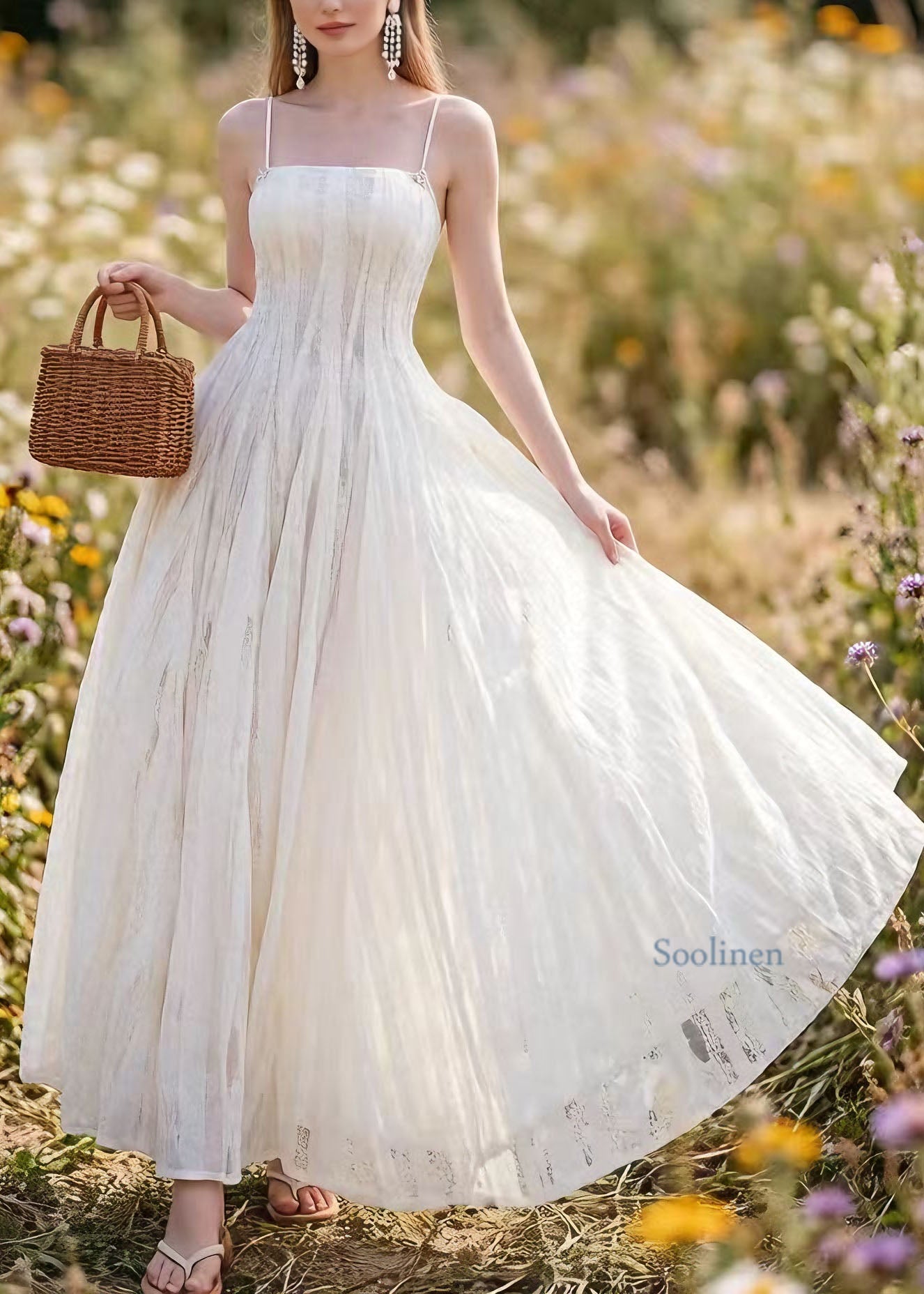 French White Lace Up Spaghetti Strap Summer Dress