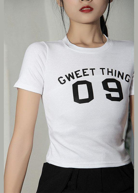 French White Letter O-neck Cotton Summer Tops