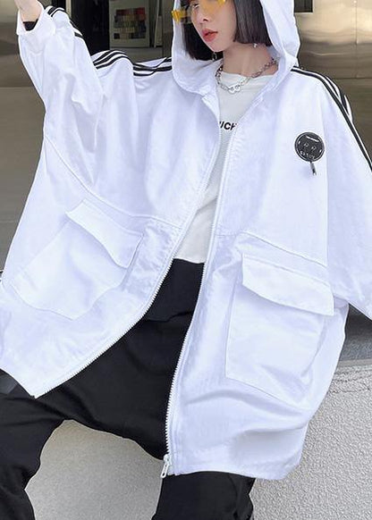 French White Letter Pockets Spring Hoodies Cotton Outwear
