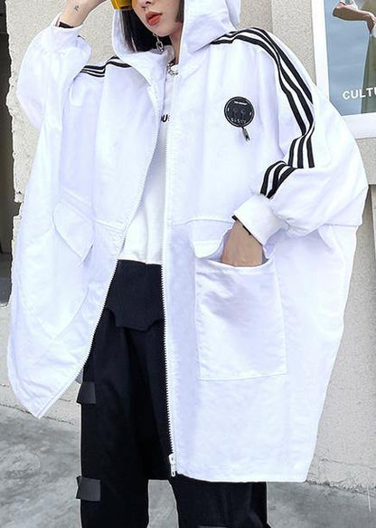 French White Letter Pockets Spring Hoodies Cotton Outwear