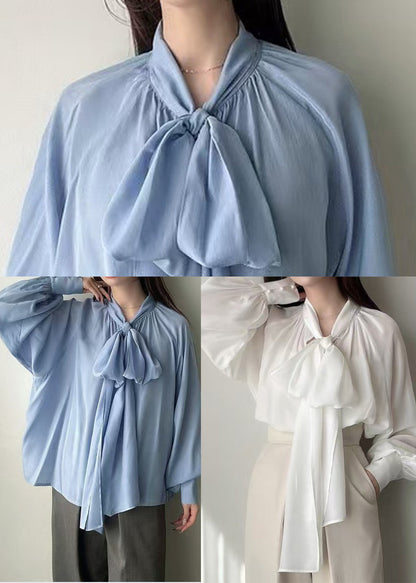French White Neck Waist Silk Shirt Tops Lantern Sleeve