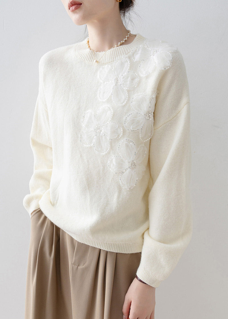 French White O Neck Sequins Knit Sweater Tops Spring
