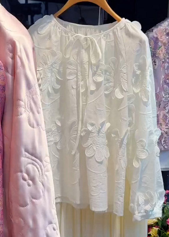 French White O-neck Tie Lace Top Lantern Sleeve