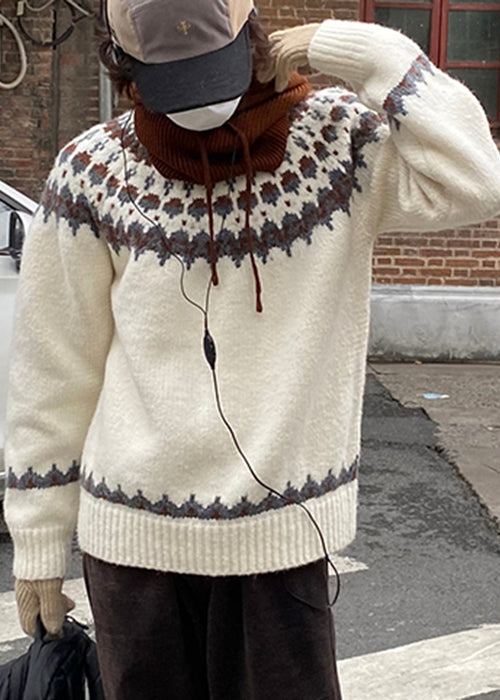 French White O Neck Geometric Cozy Knit Sweater Winter