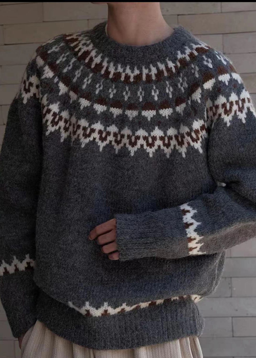 French White O Neck Geometric Cozy Knit Sweater Winter