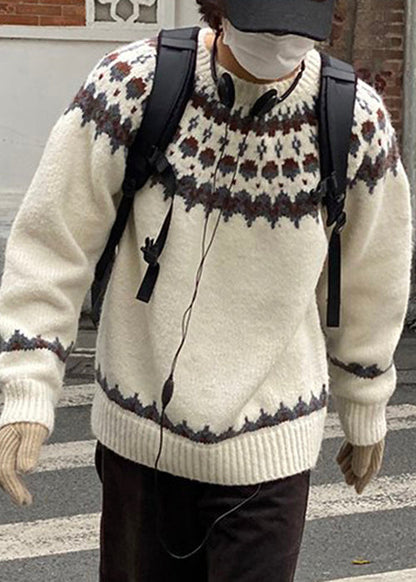 French White O Neck Geometric Cozy Knit Sweater Winter