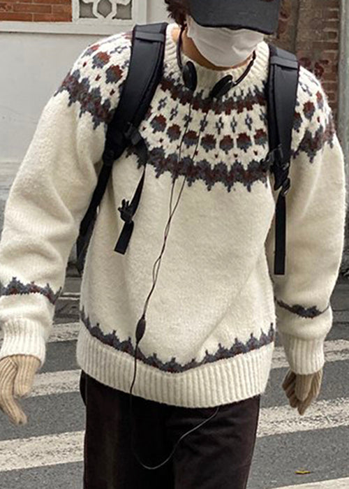 French White O Neck Geometric Cozy Knit Sweater Winter