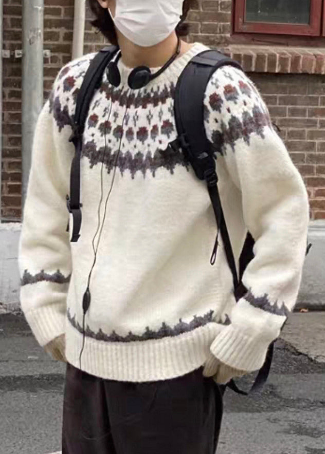 French White O Neck Geometric Cozy Knit Sweater Winter