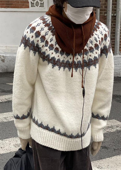 French White O Neck Geometric Cozy Knit Sweater Winter