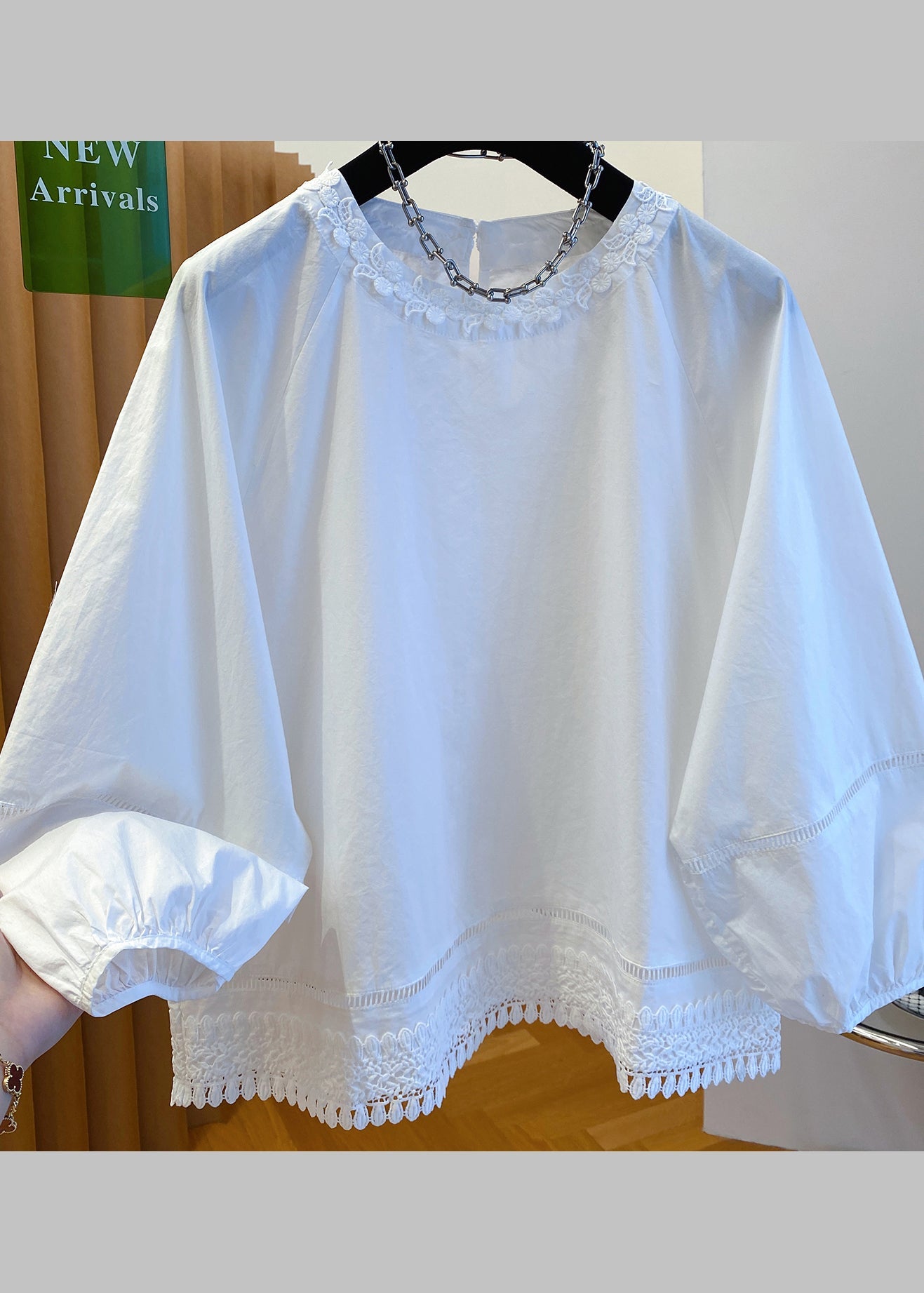French White O Neck Lace Patchwork Cotton Top Fall
