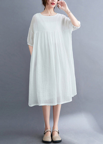 French White O-neck Patchwork Maxi Dress Short Sleeve