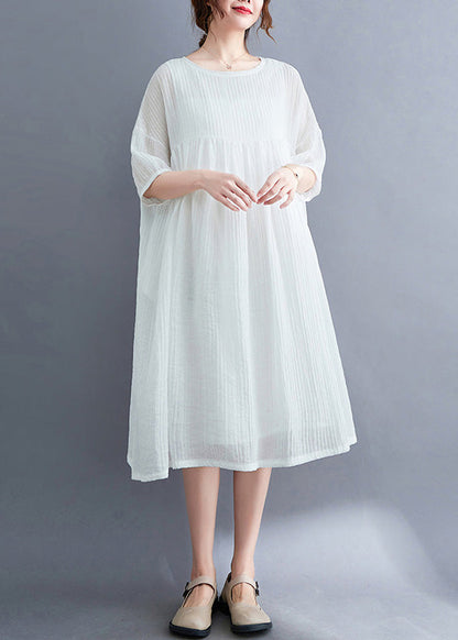 French White O-neck Patchwork Maxi Dress Short Sleeve
