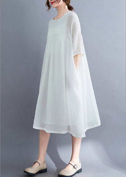 French White O-neck Patchwork Maxi Dress Short Sleeve