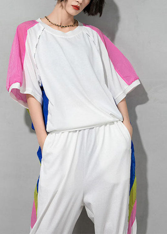 French White O-neck Patchwork T-shirt Half Sleeve